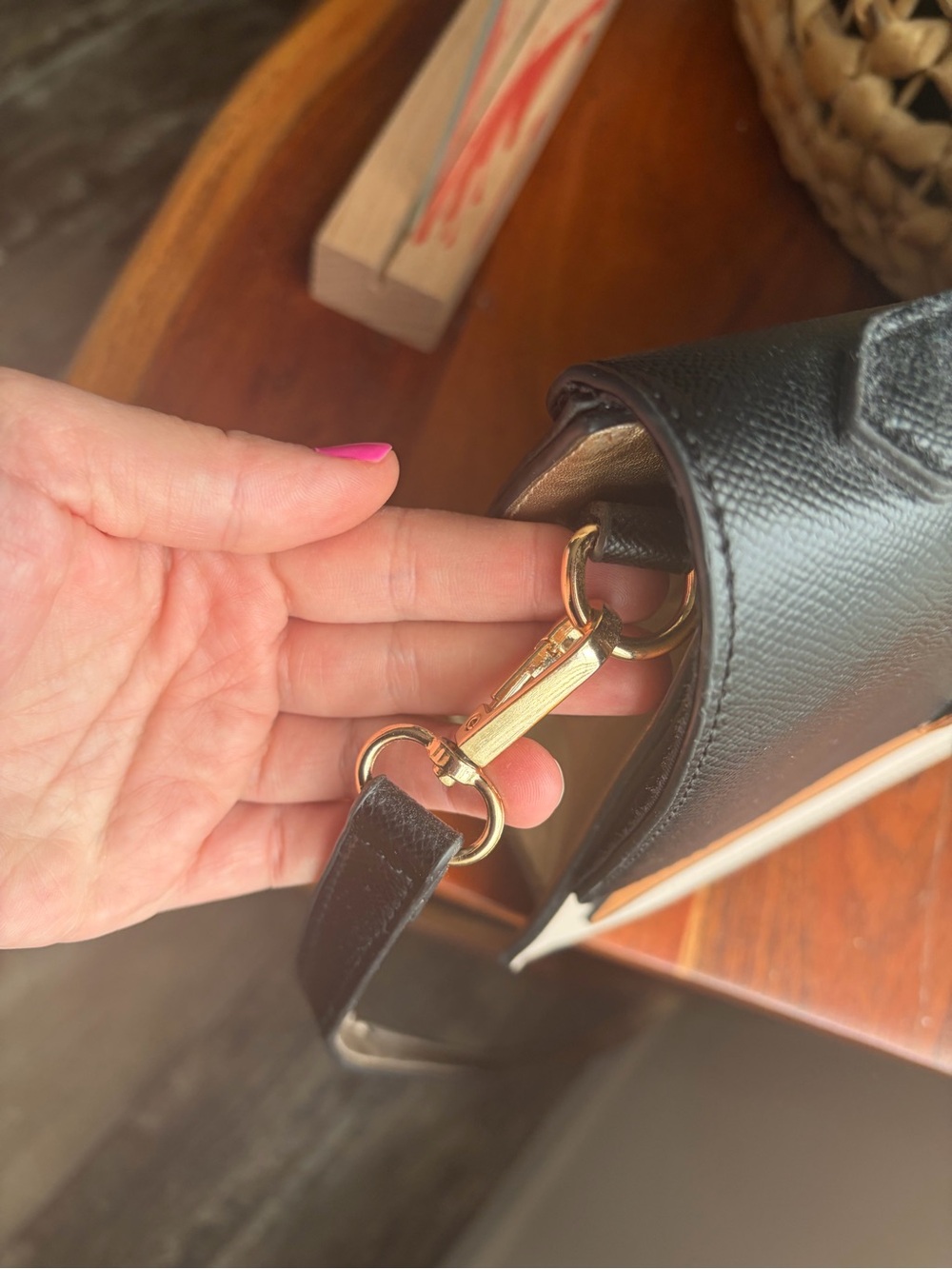 Black and Tan Top-Handle Crossbody Bag with Gold Chain Accent, and Scarf accent. - Picture 6 of 8